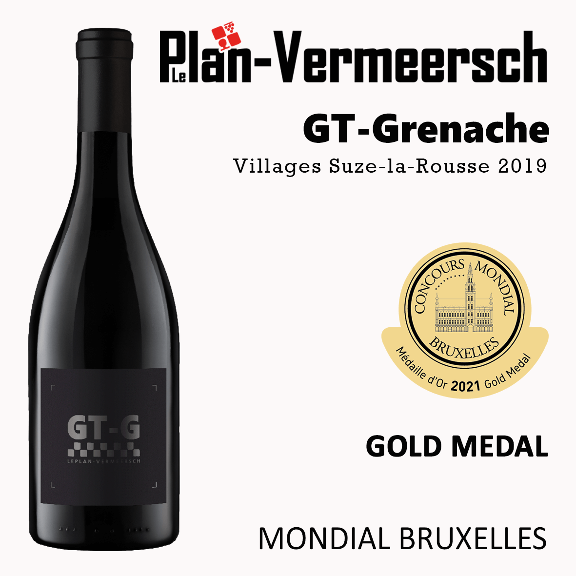 Bouteille de vin Grenache GT -Grenache mondial Bruxelles médaille d'or LePlan-Vermeersch