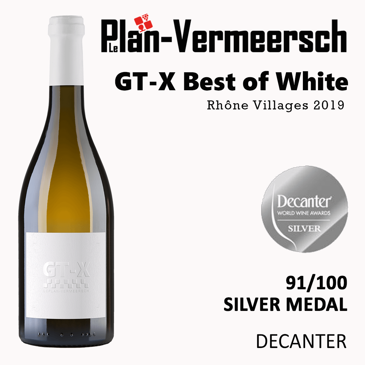 Bouteille de vin d'assemblage clairette viognier, roussane GT-X best of white silver medal decanter LePlan-.Vermeersch